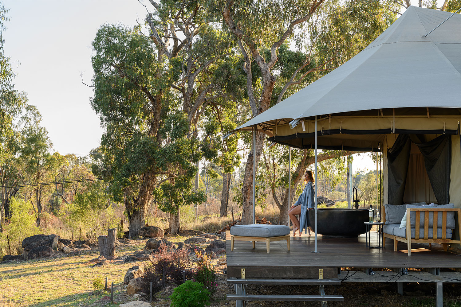 Serenita Stanthorpe Severn Glamping Tent outside deck with spa and view